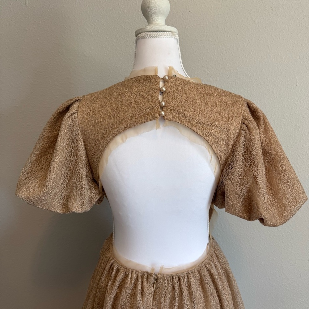 NWT Klesis Open Back Pearl‎ Midi Dress Puffed Sleeve Textured Tan Neutral Small - Picture 4 of 12